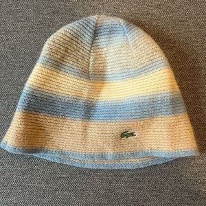 Lacoste 100% Wool Blue and Cream Beanie Winter Hat